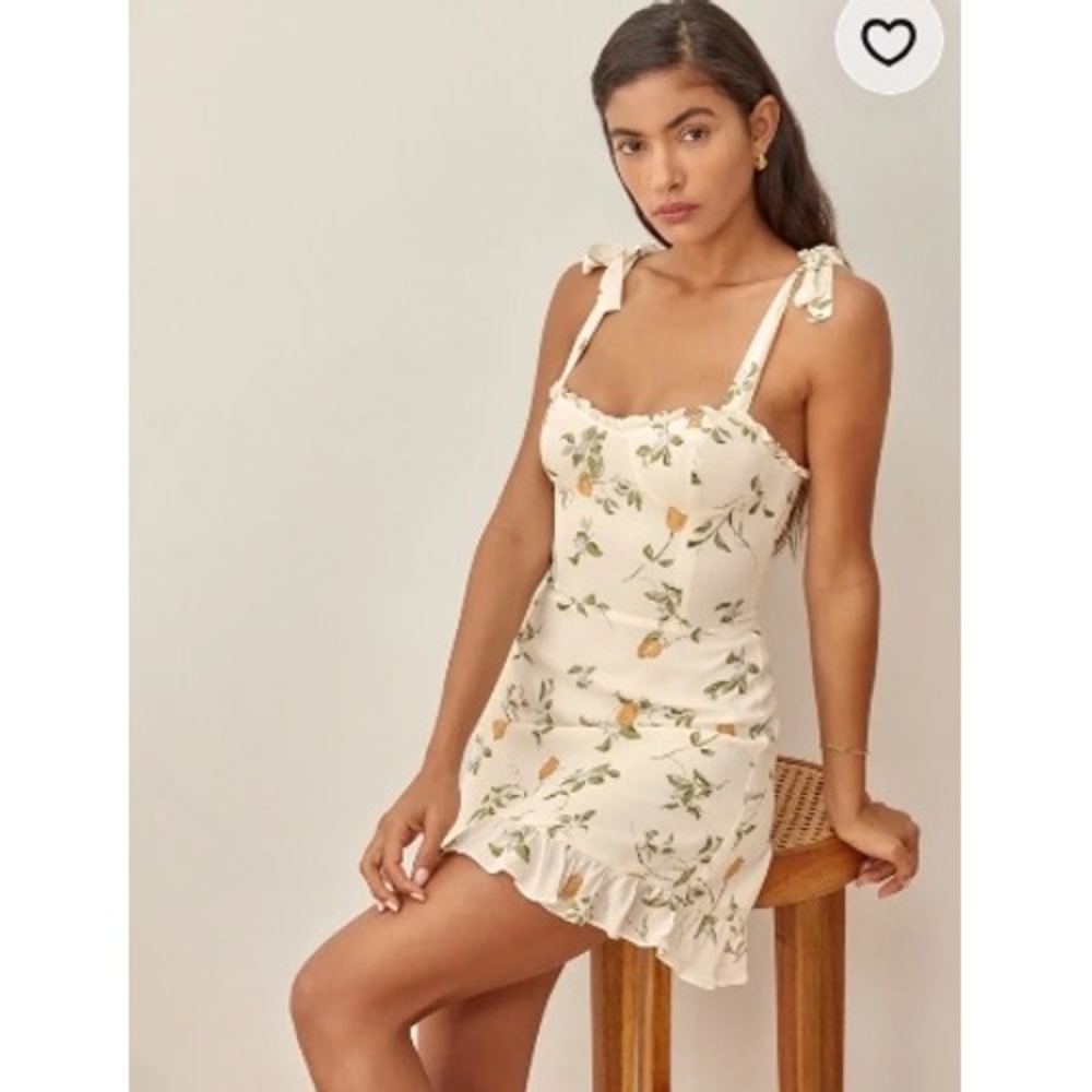 Reformation Christine Lemon Mini Dress Size‎ 8 White Tie Strap Ruffle Sundress